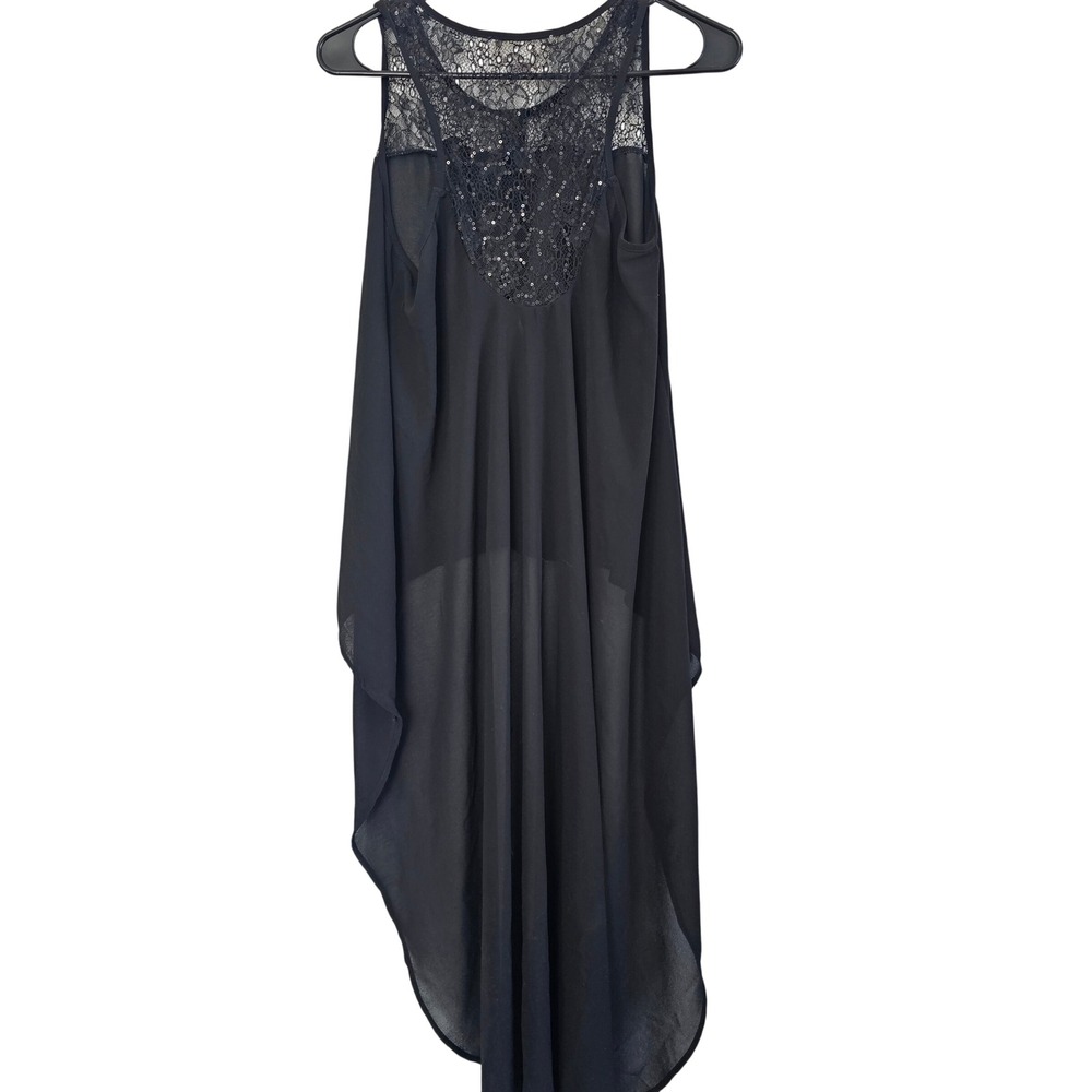Sans Souci Black High‎ Low Sleeveless Top Lace Sequin Back Sheer Chiffon Blouse